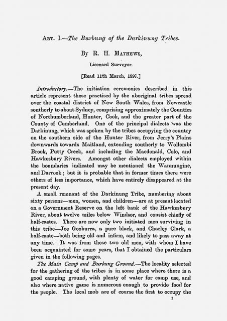The Burbung of the Darkinung Tribes by RH Mathews 1897.  Univ of Newcastle 